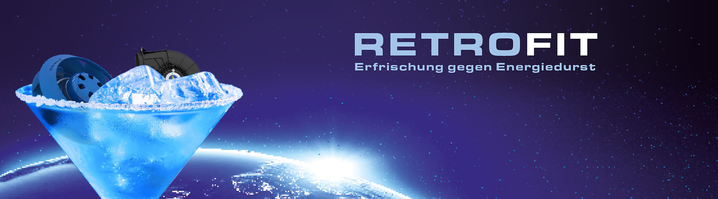Retrofit Energieeffizienztag Ventilatoren-Cocktail mit Eis, Text RETROFIT Erfrischung gegen Energiedurst