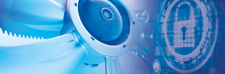 detail view axial fan FE2owlet next to digital graphic