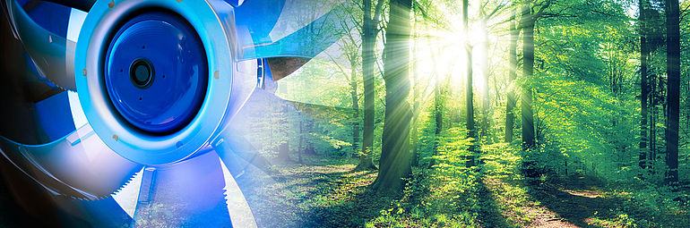 teaser ErP directive blue axial fan FE2owlet fading into forest green environment