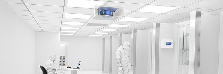 white clean room ceiling with blue centrifugal fan Cpro