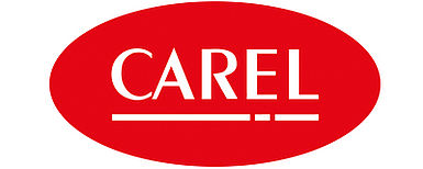 Rotes Oval, darin weißer Text "CAREL" mit weißem Strich darunter