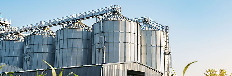 Exterior view large grain silos