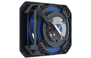 centrifugal fan ZApilot with blue impeller and ECblue motor backside 45 degrees rotated