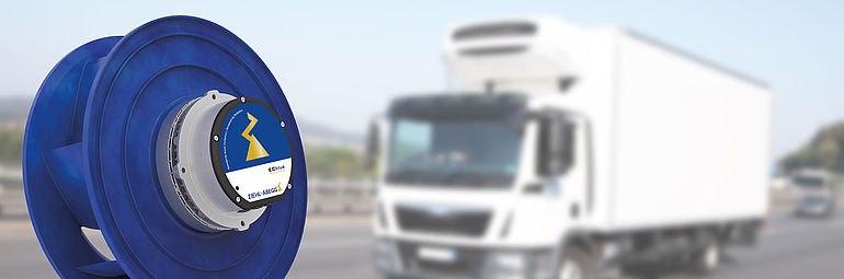 blue centrifugal fan Cpro ZAmid with ECblue motor in front of white truck