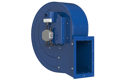 Radialventilator ZAsilo ECblue RG31Z back KLK Radialventilator ZAsilo RG31Z mit blauem Gehäuse und EC Motor Frontansicht 45 Grad gedreht