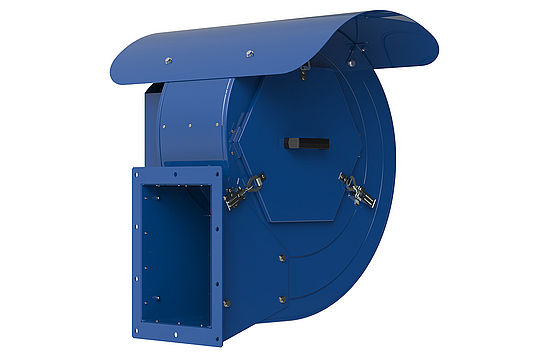 centrifugal fan ZAsilo with blue housing and grill frontal view 45 degrees rotated