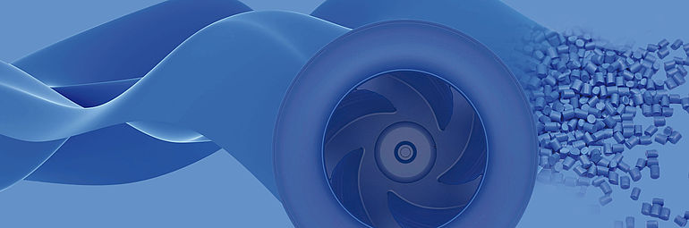 blue centrifugal fan with airflow and granules in the background