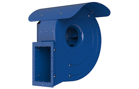 centrifugal fan ZAsilo with blue housing without grill frontal view 45 degrees rotated