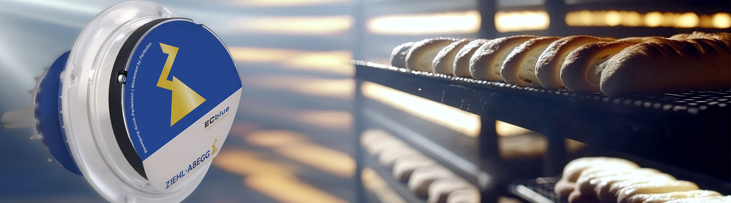 Header Bäckerei ECblue Motor neben goldbraunen Brötchen