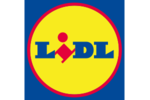 Blaues Viereck mit gelbem Kreis & blau rotem Text LiDL, i gekippt