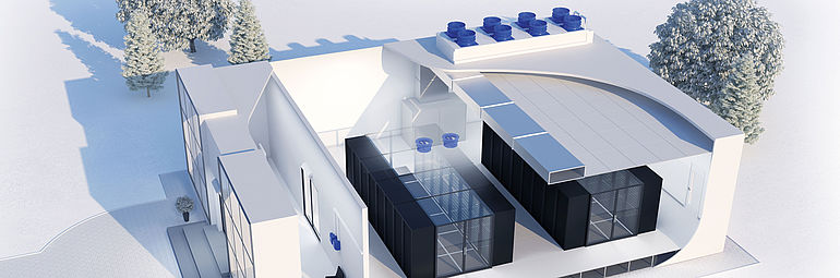 3D model of a datacenter with blue fans from ZIEHL-ABEGG