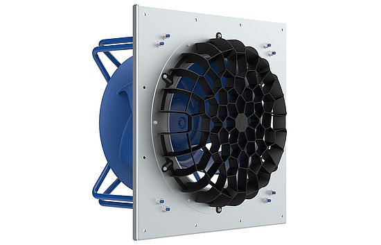 ZAflow M558 air flow grid for centrifugal fans with ZAvblue and DR spider frontal view 45 degrees rotated