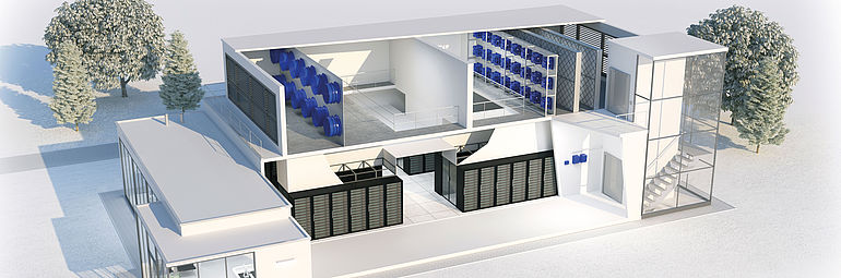 3D model of datacenter with blue fans from ZIEHL-ABEGG
