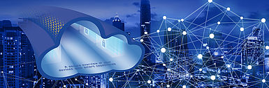 Wolke neben vernetzter Stadt, Text "A secure overview of your devices with smart capabilities"