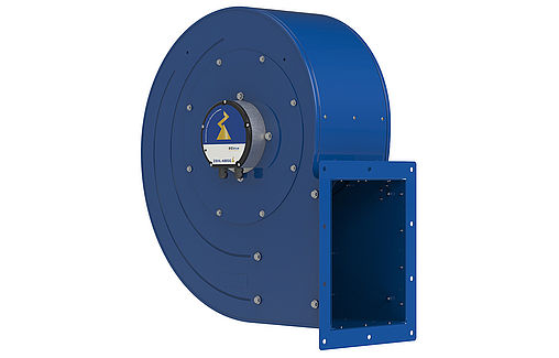 Radialventilator ZAsilo RG31Z ECblue back Radialventilator ZAsilo RG31Z mit blauem Gehäuse und ECblue Motor Frontansicht 45 Grad gedreht