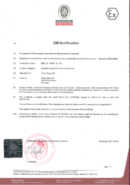 Certificate | QM-Notification 2014/34 EU