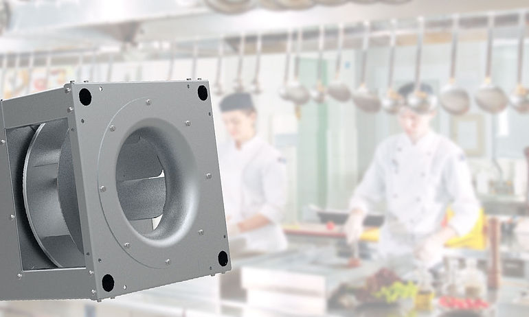 centrifugal fan ZAventero with industrial kitchen in the background