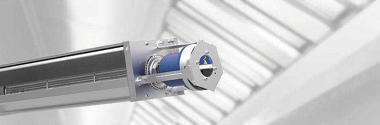 detail view ZIEHL-ABEGG cross flow fan with industrial kitchen in the background