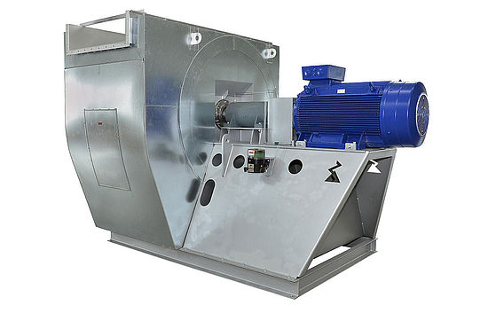 clutch-driven fan from ZIEHL-ABEGG process air fan with metal housing and blue motor frontal view 45 degrees rotated