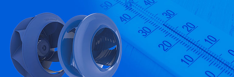 two blue centrifugal fans ZAvblue and ZAbluefin next to detail view of a thermometer