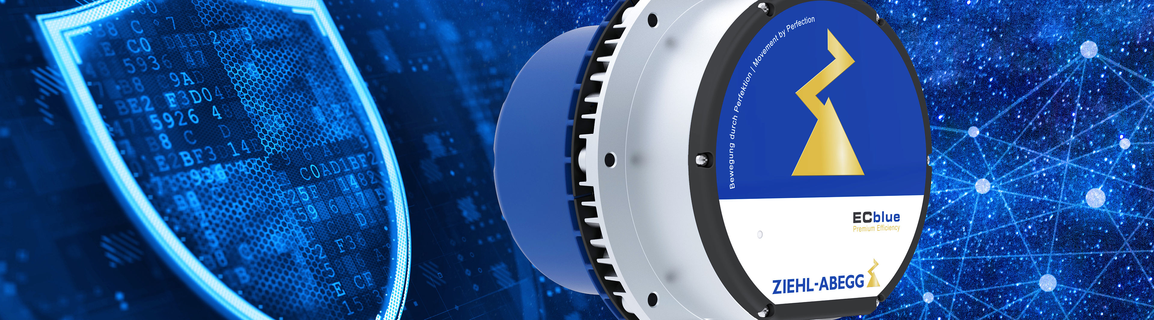 ZAbluegalaxy LiveDiagnose ECblue Motor vor einem Security-Hintergrund
