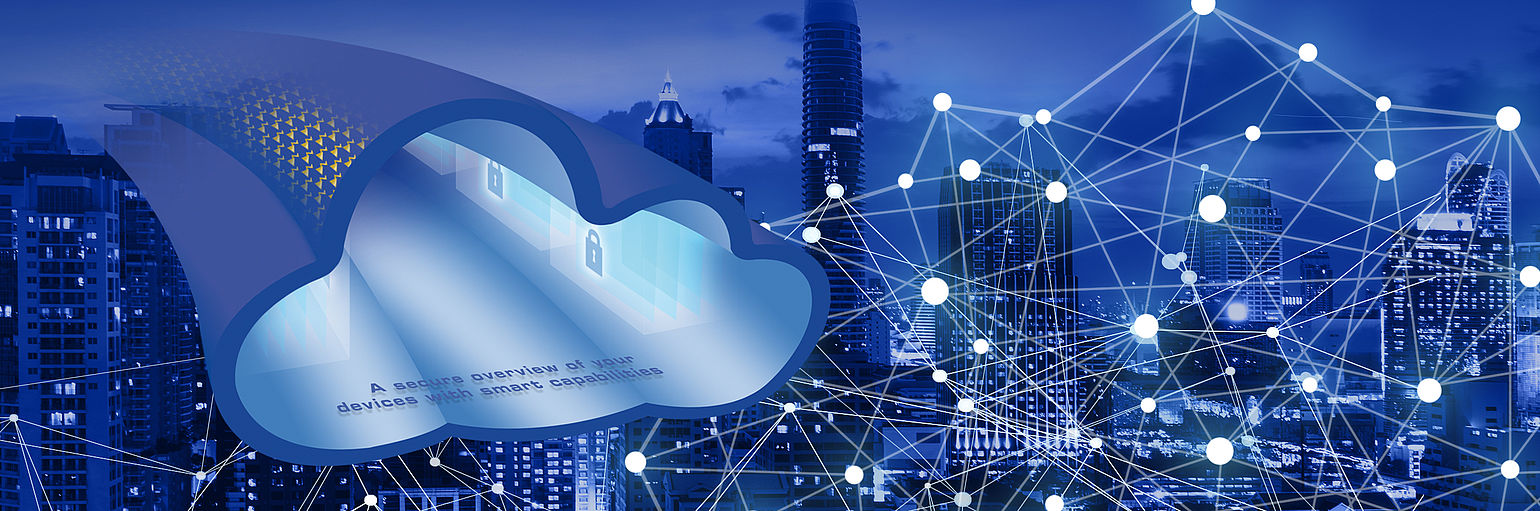 Blue cloud ZAbluegalaxy next to digital network with large city skyline in the background