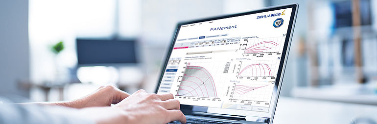 5-ventilations buildings FANselect open laptop with selection software FANselect for fans from ZIEHL-ABEGG