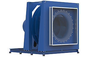 blue centrifugal fan free-running fan PR 114 frontal view rotated 45 degrees to the right