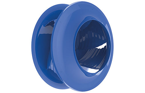 biomimetically designed centrifugal fan ZAbluefin RH steel version blue impeller solo frontal view 45 degrees rotated