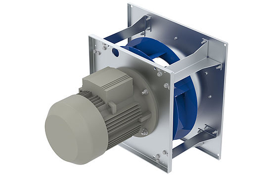 centrifugal fan C model range with blue impeller and GR module backside 45 degrees rotated