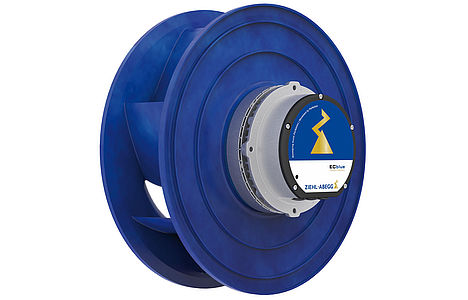 Radialventilator Cpro RH ECblue blaues Radial-Laufrad Cpro mit ECblue Motor Rückseite 45 Grad gedreht