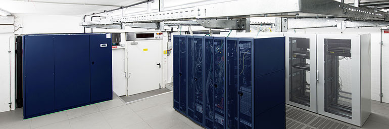 IT server room with blue server cabinets