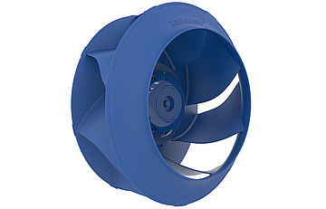 blue centrifugal fan ZAvblue impeller with ECblue motor frontal view 45 degrees rotated