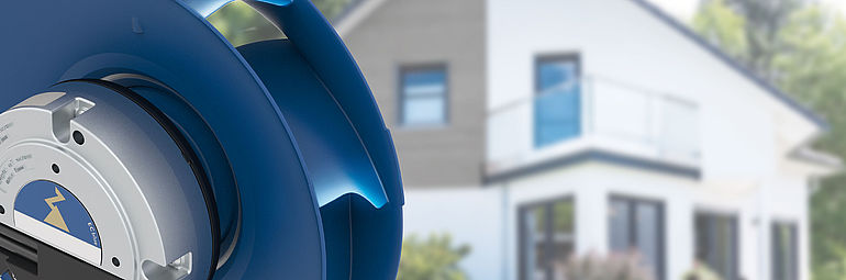 blue ZIEHL-ABEGG centrifugal fan ZApilot ECblue with building in the background