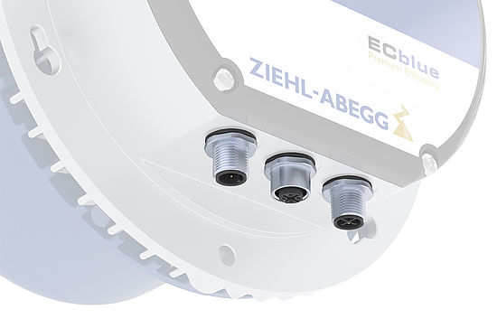 Außenläufermotor ECblue M12 Stecksystem Detailansicht M12 plug & play connector solutions for ECblue three ports detail view
