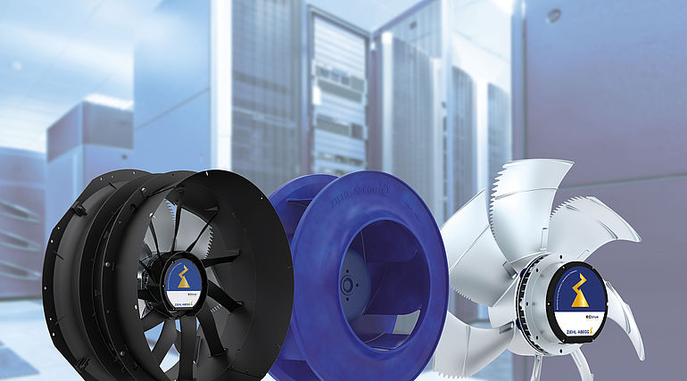 black ZAplus blue centrifugal fan Cpro ZAmid and axial fan FE2owlet ECblue with server in the background
