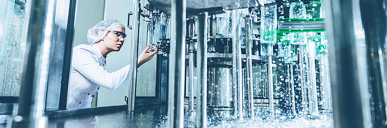 02-beverages Woman checking cleaned glass bottles in bottling plant