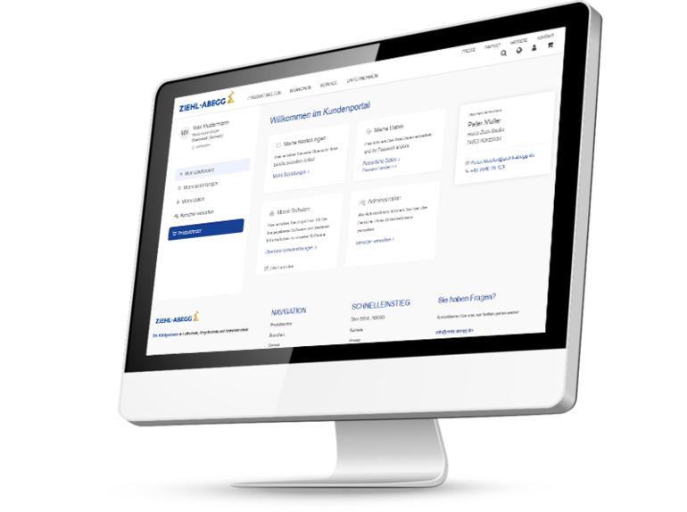 ZIEHL_ABEGG Kundenportal Dashboard Ein Bildschirm mit dem Dashboard des Kundenportals