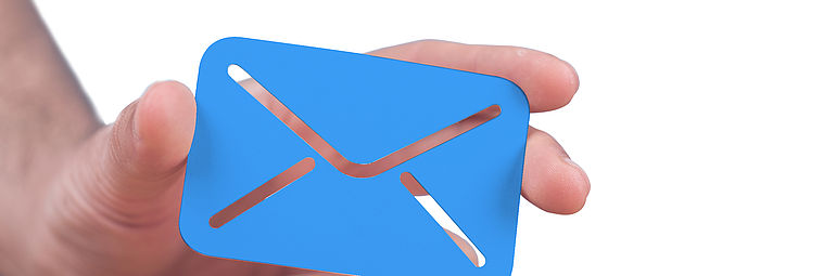 Teaser contact hand holding blue envelope