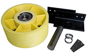 Deflection pulleys for bearer cables Gelbe Umlenkrolle mit schwarzen Zubehörteilen