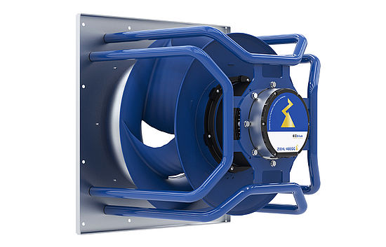 blue centrifugal fan ZAbluefin with ECblue motor and blue eight-foot spider backside 45 degrees rotated