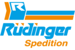 Orange hellblaues Logo mit R, Text Rüdinger Spedition