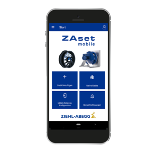 Smartphone mit ZAset Übersicht Startbildschirm mit 4 Boxen