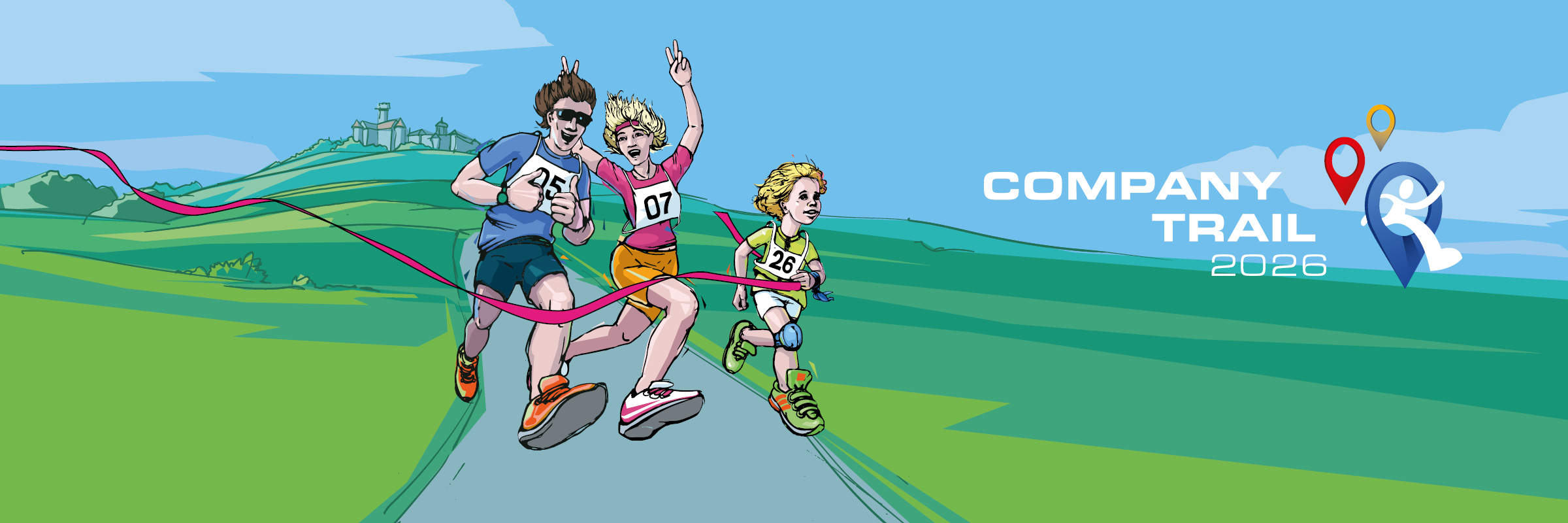 Zeichnung rennender Personen mit Startnummern 05,07,26 & Company Trail 2026 Logo