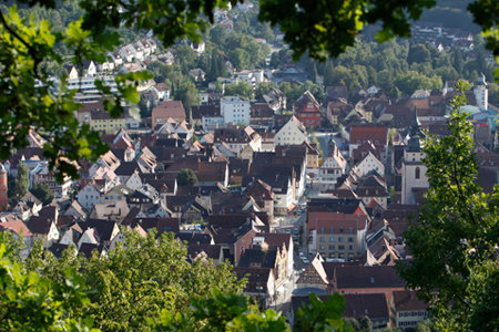 view on Künzelsaus main street view through trees on Künzelsau