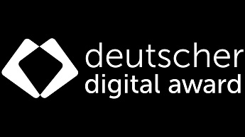 Deutscher digital award Weißes Symbol auf schwarz, Text "deutscher digital award"