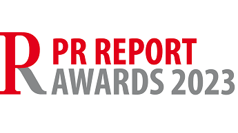 PR Report Award 2023 Rotes P mit R-Strich, Text "PR REPORT AWARDS 2023"