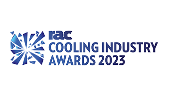 RAC Cooling industry award 2023 Blaue Dreiecke im Viereck, Text "RAC Cooling industry award 2023"