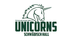 Sponsor der Unicorns Schwäbisch Hall ZIEHL-ABEGG Grünes Einhorn über Text "UNICORNS SCHWÄBISCH HALL"