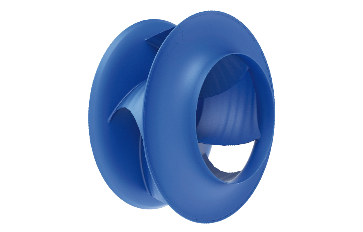 centrifugal fan ZAbluefin ZAmid biomimetically designed centrifugal fan ZAbluefin blue impeller solo made of high-performance composite material ZAmid frontal view 45 degrees rotated